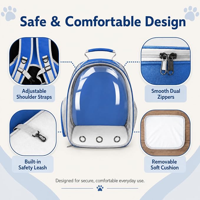 Expandable Cat Carrier Backpack for Cats & Dogs, Bubble Window Pet Travel Backpack with Breathable Mesh, Anti-Collapse Structure, Side Door, Safety Leash, for Vet Visits, Hiking, Outdoor, Blue