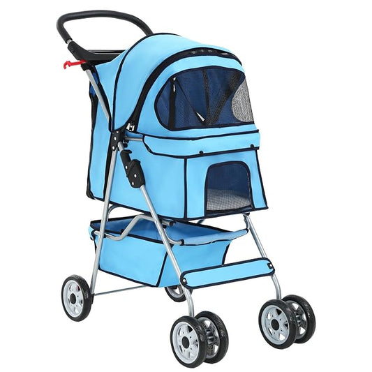 BestPet 4 Wheels Pet Stroller Cat Dog Cage Stroller Travel Folding Carrier 04T | Waterproof ,Storage Basket,Cup Holder & Removable Liner,Folding, Lightweight,Blue