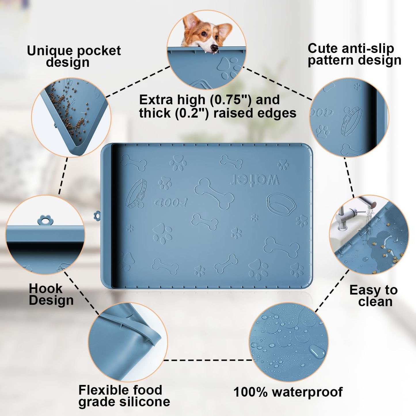 Dog Food Mat - Silicone Dog Mat for Food and Water - 36" x 24" Large Pet Feeding Mats with Residue Collection Pocket - Waterproof Dog Cat Bowl Mat with High Edges to Prevent Water Food Spills