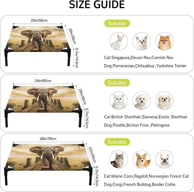 Outdoor Elevated Dog Bed for Medium Dogs, Elephants Breathable Cooling Raised Dog Cot for Indoor/Outdoor, Branches Trees Modern Art Animals Waterproof Elevated Pet Beds, M 24 x 20 in