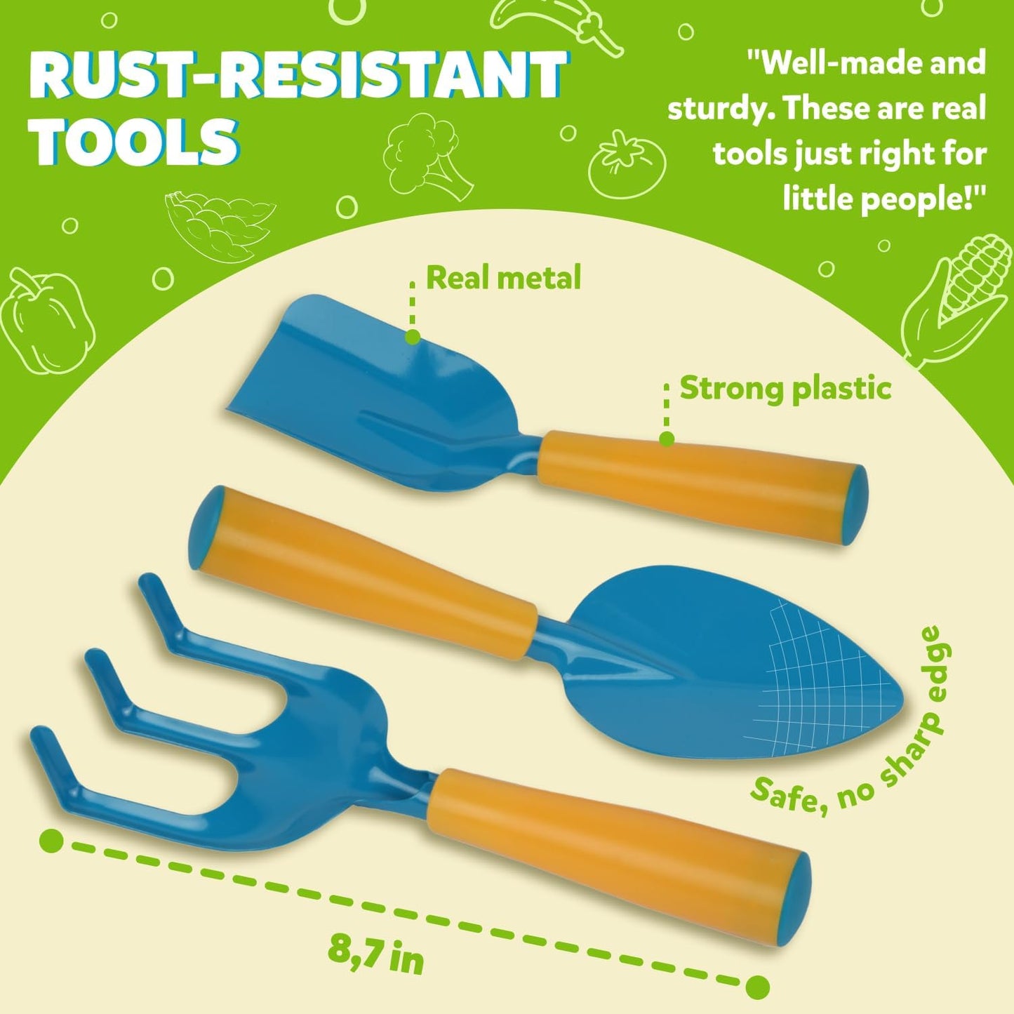 Blue Kids Gardening Tools - Includes Sturdy Tote Bag, Watering Can, Gloves, Shovels, Rake, and Delightful Children's Book - Kids Garden Tool Set -Easter Gifts for Toddler Age on up.