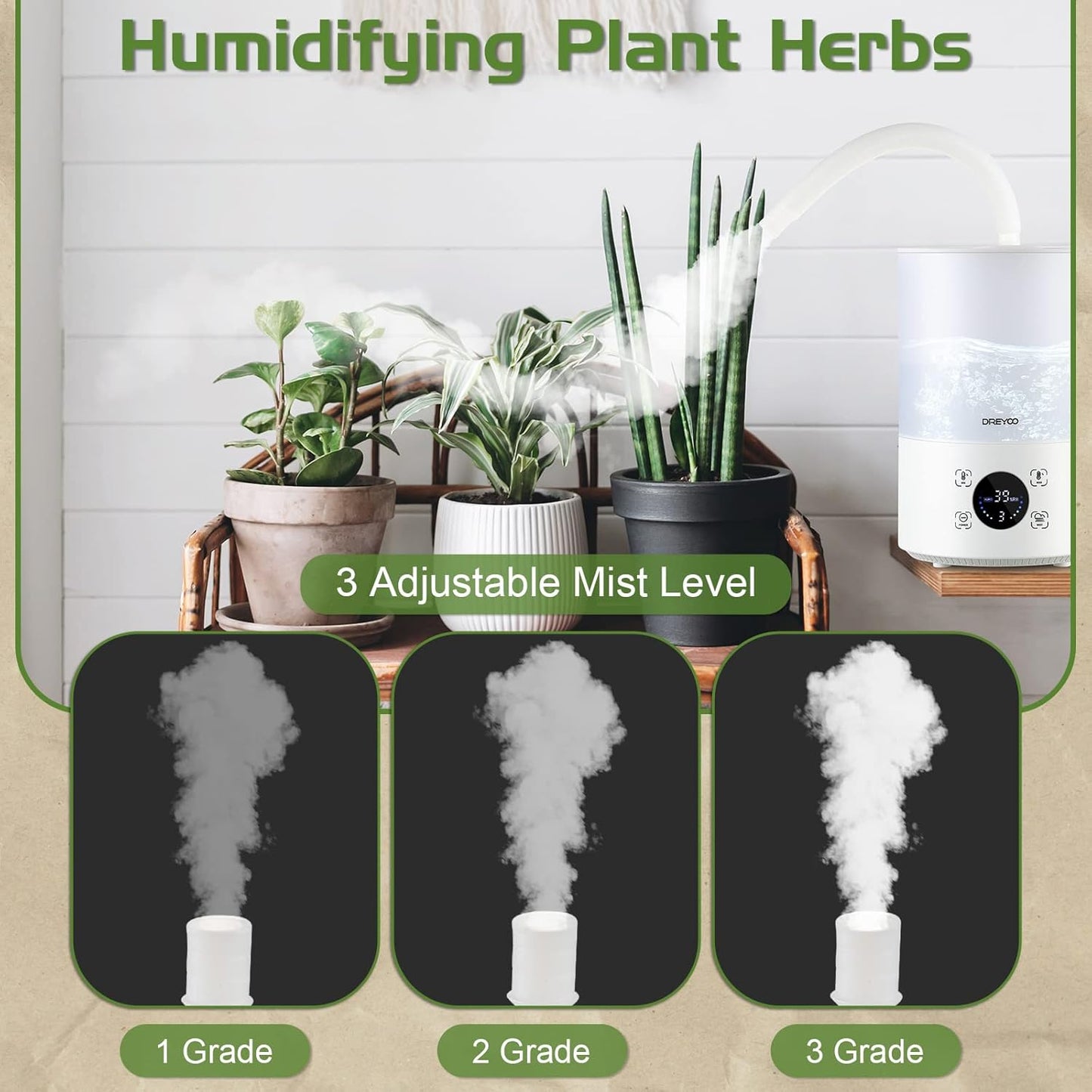 Smart Reptile Fogger Humidifiers with Humidity Control, Reptile Terrarium Humidifier Smart Touch, 3 Grades Adjustable Fogger with Hose for Reptile Amphibians Herps Snakes Plants