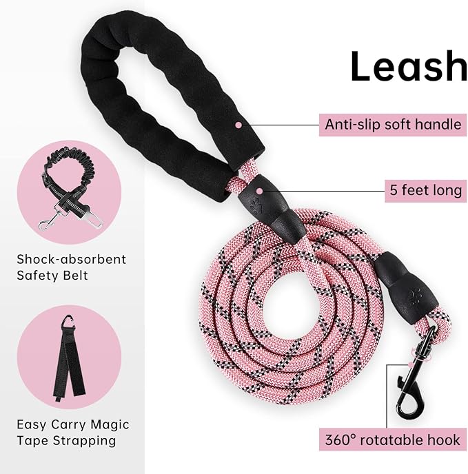 IVY&LANE No Pull Dog Harness for Small Dogs, Dog Vest Harness with Leash, Safety Belt and Storage Strap, Fully Adjustable, 360° Reflective Strip, Soft Handle (Pink, S)