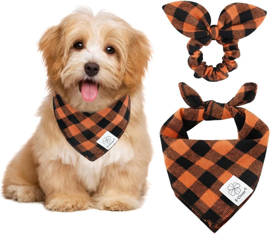 E-Clover Fall Dog Bandana & Matching Scrunchie-Orange Black Dog Bandanas Plaid Pet Scarf Bib for Small Dogs Puppy Girl Boy Owner Gift Orange