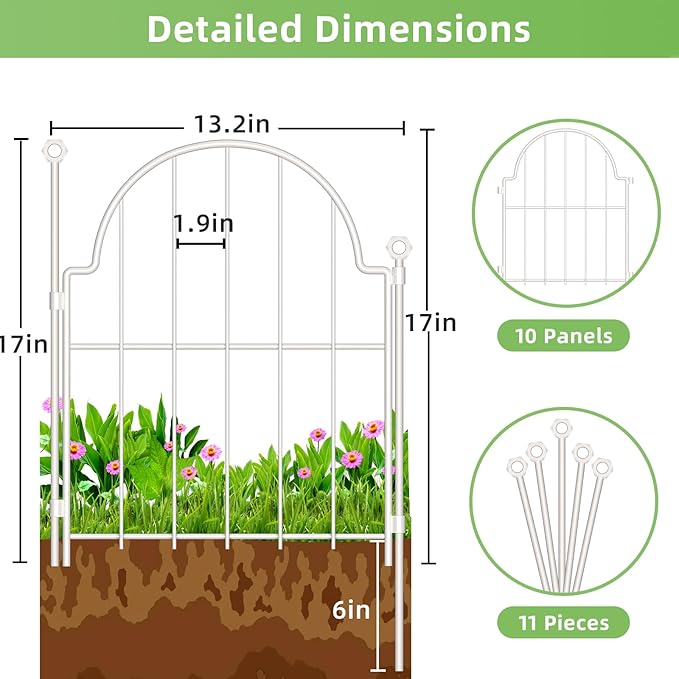 10 Pack Decorative Garden Fence, 17in x10ft Garden Fencing Animal Barrier for Dogs, Rustproof Metal Fence Panels with Ground Stake, Arched Flower Bed Edging Borders for Yard & Patio, White