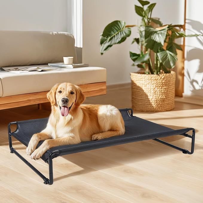 Veehoo Outdoor Elevated Dog Bed, Cooling Raised Dog Beds for Large Dogs | Washable Dog Cot with Headrest Sides, Non-Skid Feet, Breathable Mesh, Cooling Pet Hammock for Indoor or Camping, 42", Black