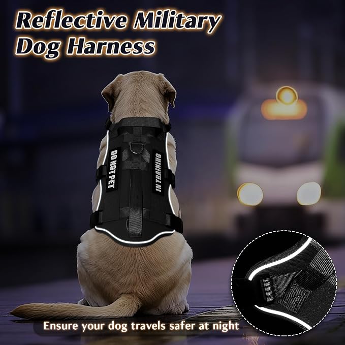 Escape Proof Dog Harness with Double Handle+4 Removable Patches | Service Working Molle Harness with Double Handle for Medium Dogs, Tactical Pet Reflective Vest for Walking Hiking Hunting