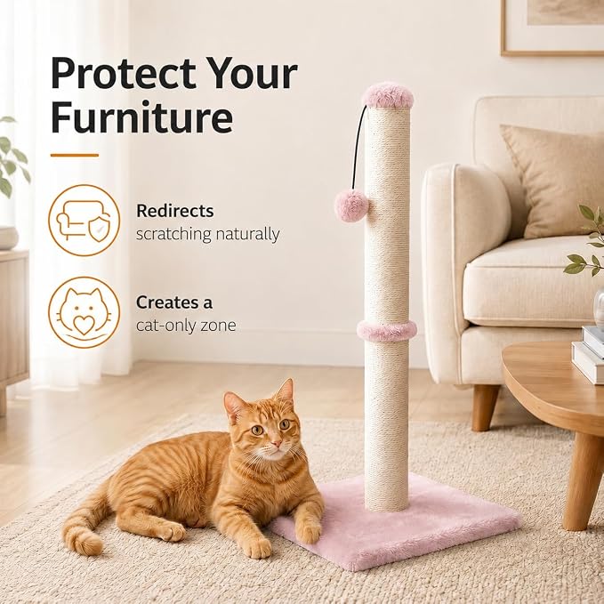Dimaka Tall Cat Scratching Post, Claw Scratcher with Sisal Rope and Covered with Soft Smooth Plush, Vertical Scratch [Full Strectch] for Standard Size Cats (Pink, 29 inches for All Cats)