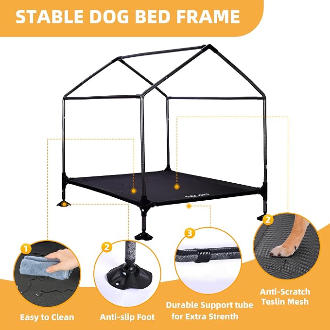 Dog House, 42” Large Dog House Outdoor Indoor Elevated Dog Cot Bed | 2-in-1 Outside Dog Tent Shade, Three-Sided Breathable Mesh Windows, Easy to Install, Waterproof Canopy, Non-Slip Feet