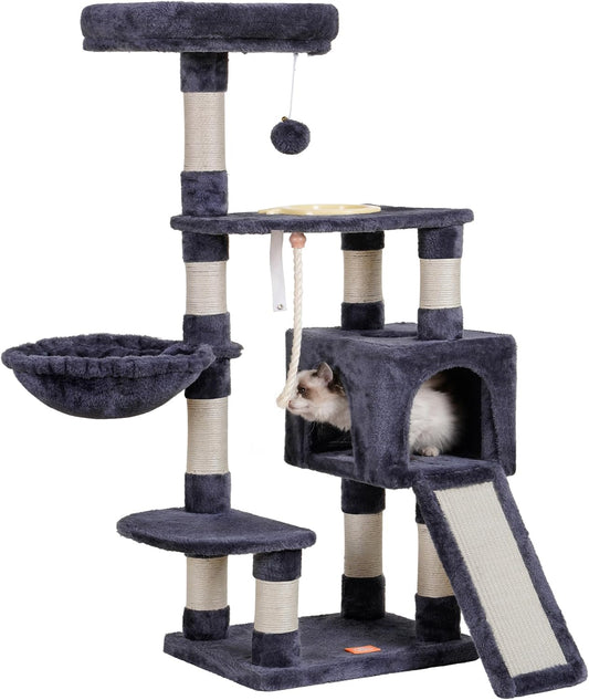 Heybly Cat Tree, Cat Tower for Indoor Cats with Scratching Board, Multi-Level Cat Furniture Condo with Feeding Bowl Smoky Gray HCT010SG