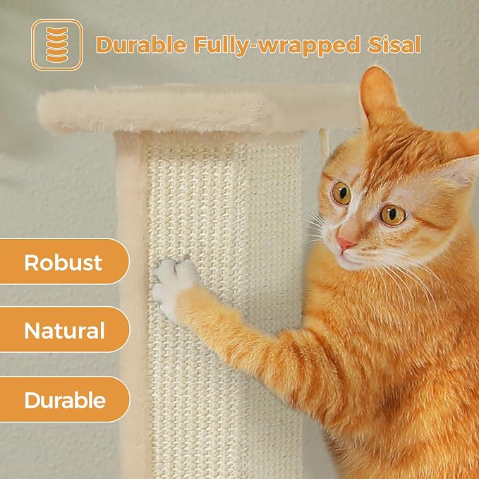PAWZ Road Cat Scratching Post 32” Tall Square Cat Scratcher - Beige | Heavy Duty Cat Post with 16x16”Large Base Covered Sturdy Woven Sisal Scratcher and Cat Toy Ball for Adult and Indoor Cats