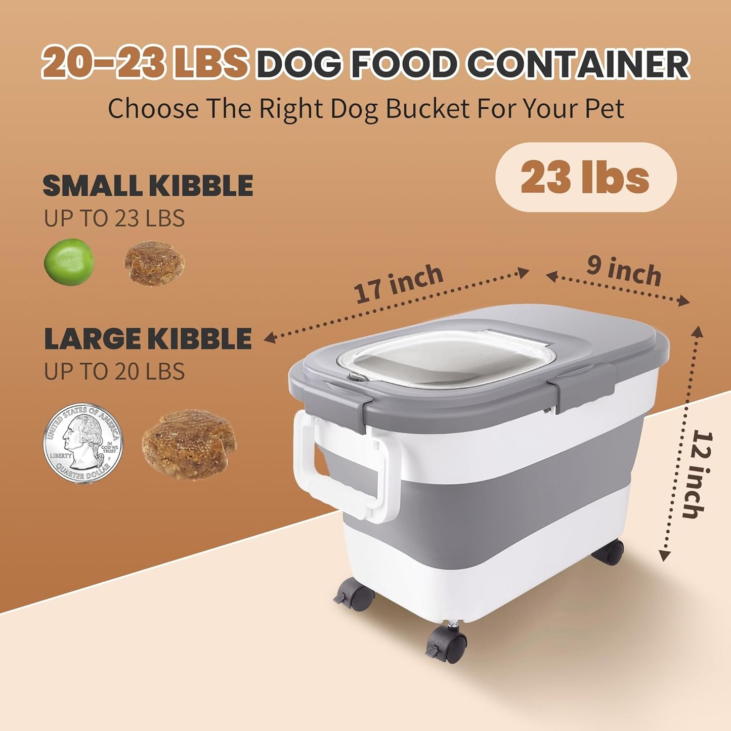 15-23 Lbs Airtight Dog Food Storage Container,Collapsible Dog Food Container with Lid,Wheels,Handle,Large Cat food storage Container with Scoop,Small Food Container for Dog Cat