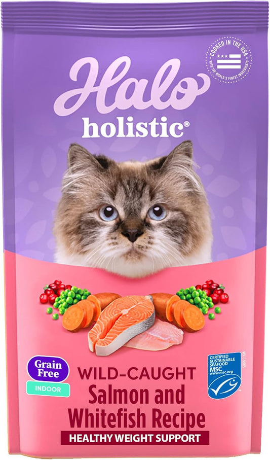 Halo Holistic Indoor Cat Food Dry, Grain Free Wild-caught Salmon & Whitefish Recipe for healthy weight support, Complete Digestive Health, Dry Cat Food Bag, Adult Formula, 6-lb Bag