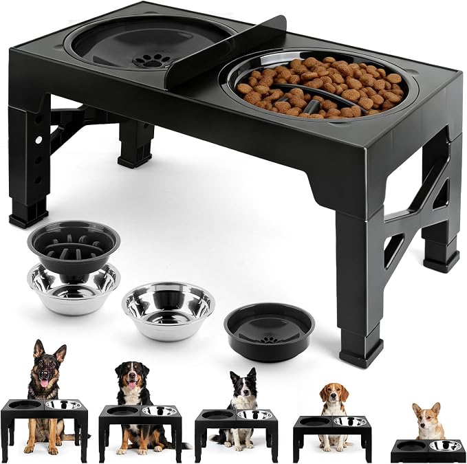 4-in-1 Elevated Dog Bowl Stand with Slow Feeder, 5 Adjustable Heights | Spill-Proof Water Dish, 2 Stainless Steel Bowls, Anti-Mix Divider, Foldable Non-Slip EVA Base, For Small to Large Dogs
