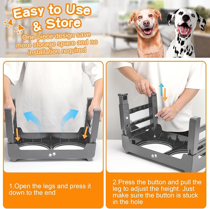 Elevated Bowls, 4 Height Adjustable Raised Stand with 2 Thick 50oz Stainless Steel Food Bowls, Non-Slip Feeder for Large Medium Dogs, Adjusts to 3.7", 9.2", 10.75", 12.36" Grey (Pack of 2)