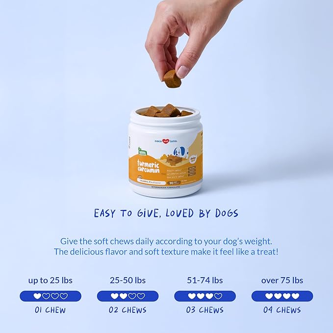 Turmeric Curcumin for Dogs - 90 Soft Chews - with Collagen, BioPerine and Fish Oil - Hip & Joint Support, Ease Inflammation, Antioxidant.