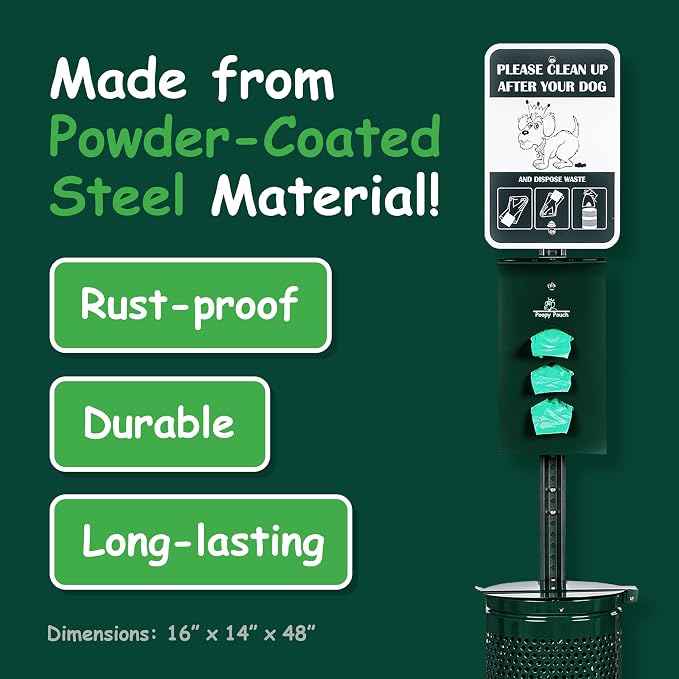 Monarch Pet Waste Station - 8ft Green Steel Dog Waste Station - Includes a Vandal-Resistant Locking Dispenser, 800 Universal Poop Bags, a 10gal Trash Receptacle w/Lid, & a 12"x18" Sign