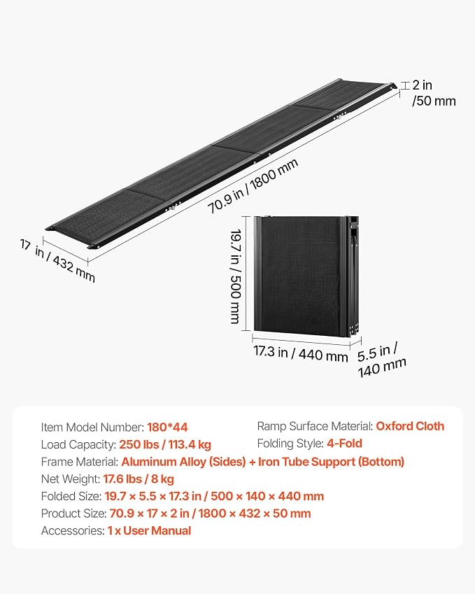 VEVOR Dog Ramp for Cars, 71" L x 17" W, Folding Pet Ramps for Medium & Large Dogs up to 250lbs, Pet Stair Ramp with Non-Slip Oxford Fabric Surface, Portable Outdoor Dog Car Ramps for SUV & Truck