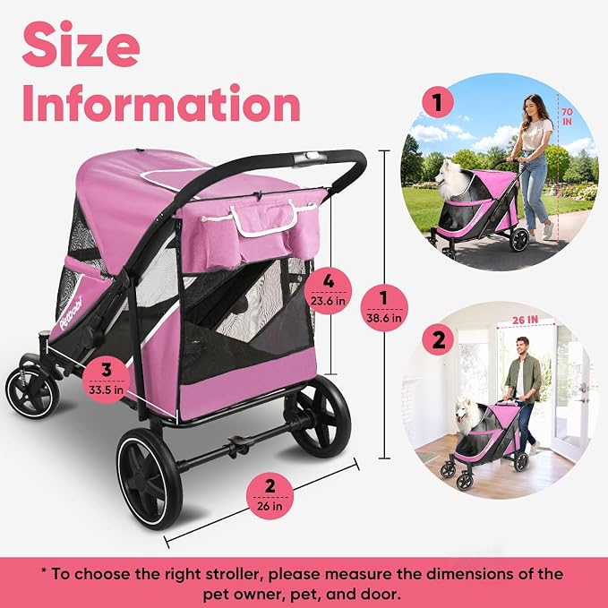 Petbobi Dog Stroller for Large & Medium Dogs - Easy Fold Dual Entry Pet Stroller with One-Foot Brake, All Terrain Wagon Cart with Air Mesh, Ideal for Large Senior Pets up to 80 lbs, Pink