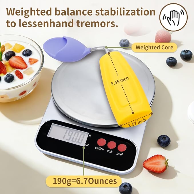 Anti-Tremor Spill Shield Spoon for Hand Tremors Parkinsons, Weighted Adaptive Utensils with Large Enclosed Scoop, Ergonomic Non-Slip Handle, Dishwasher Safe (Yellow, Right Spoon)