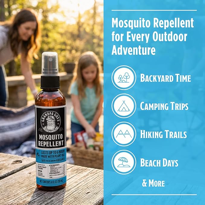 Grandpa Gus's Natural Mosquito Repellent Spray - DEET-Free Plant-Based Insect Repellent for Kids and Family, Up to 6 Hours, Travel-Friendly Bug Spray, 4 oz