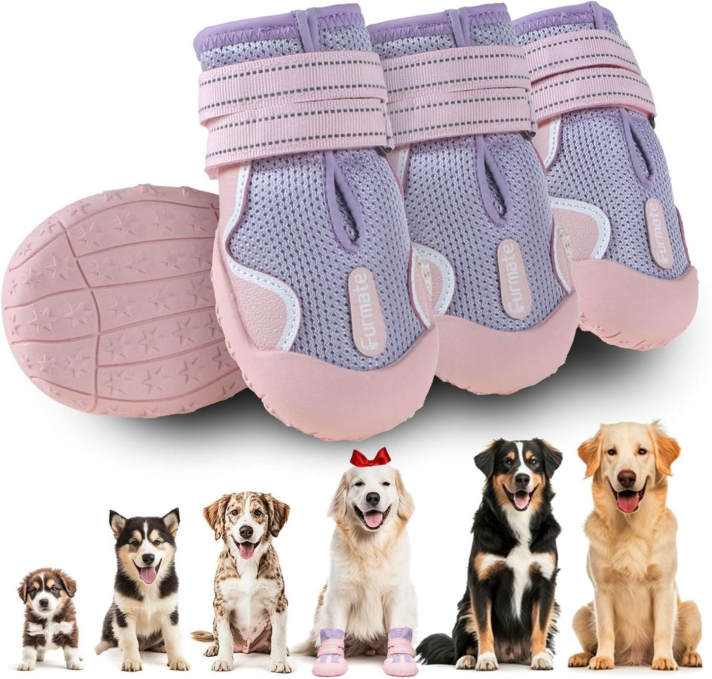 Dog Shoes for Large Small Medium Dogs, Breathable Mesh Dog Boots & Paw Protectors for Summer Hot Pavement Winter Snow, Waterproof Anti-Slip Dog Booties for Hiking Hardwood Floors(Pink-Purple5)