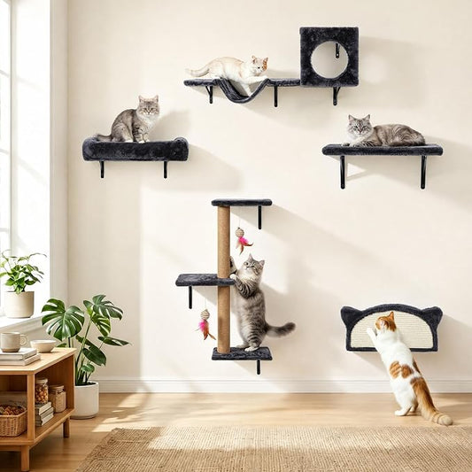 5-in-1 Cat Wall Shelves for Indoor Cats, Wall Mounted Cat Furniture Set with Bed, Perch, Hideaway Condo, Scratching Post & Scratcher, Cat Climbing Wall Playground, Space Saving Design, Black