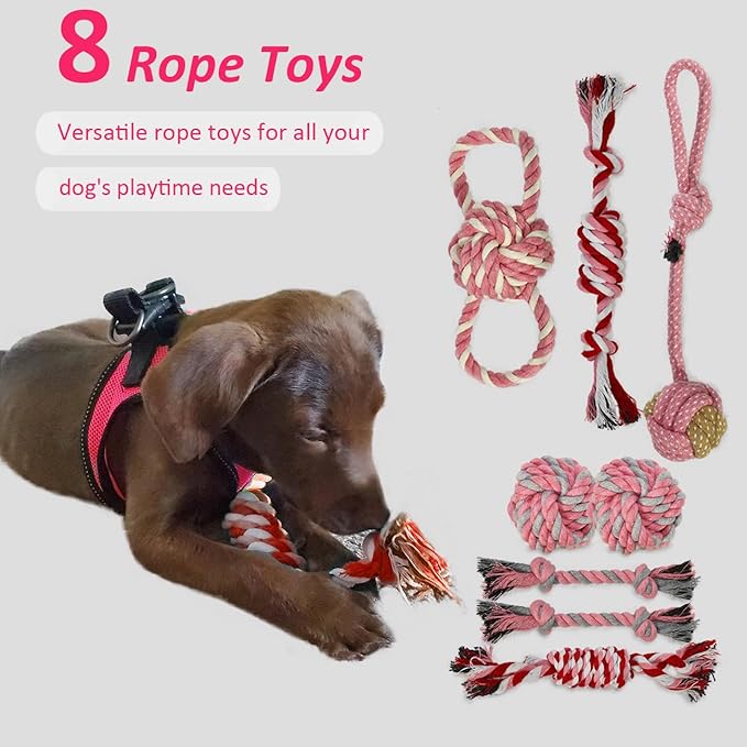 PawsAion Puppy Toys Set - 20 Pack Pink Dog Chew Toys for Teething Small Breeds - Tough Rope Toys for Puppies, Cute Soft Rubber Toys Bundle with Basket for Girl Pets
