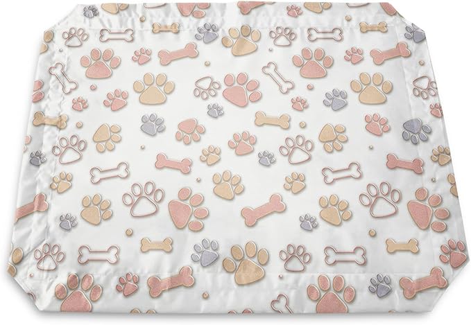QOOMO Elevated Dog Bed with Cooling Fabric, Pet Cot for Small and Big Dogs, Indoor and Outdoor Use, Joint Relief, Cute Printed Cushion Included (Orange Paw Prints, 35.43" L*25.59" W*8.27" Th)