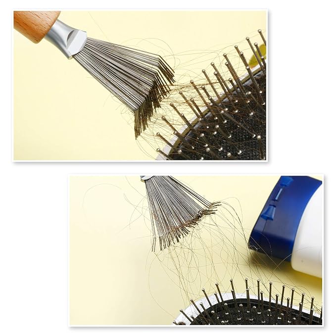 Boao Hair Brush Cleaner, 2 Pieces Mini Hair Dirt Remover Brush with Metal Wire Rake, Wooden Handle for Home and Salon Use(Handle with Groove) | Hair Brush Cleaner Tool，Comb Rake Cleaning Kit, Removes Hair Lint Dirt, Grooved Grip Handle, Salon Home Use