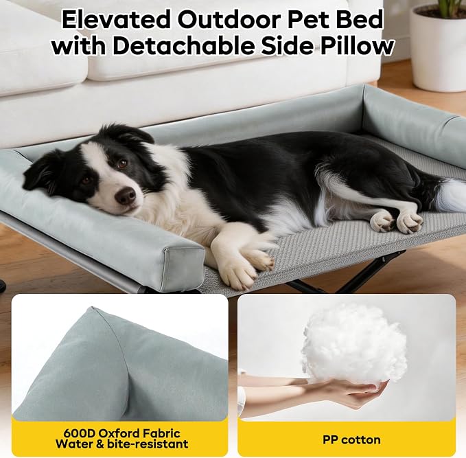 iweepet Upgraded 4 in1 Elevated Dog Cot with Removable Canopy & Bolster Pillows for Large & Extra Large Dog,Cooling Raised Outdoor Dog Bed with Breathable Teslin Mesh,Carry Bag for Camping, Backyard