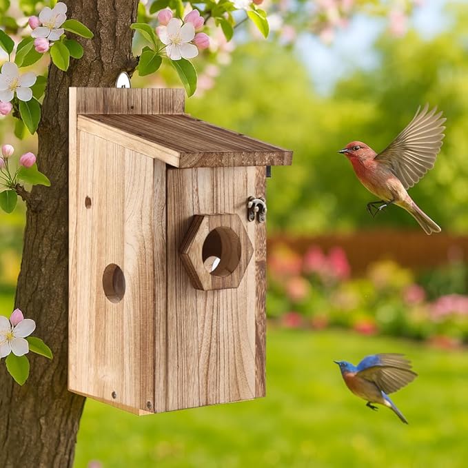 Bird House for Outside –Hanging Birdhouse for Bluebird Finch Swallow Wren Chickadee, Decorative Outdoor Bird Nesting Box with 3 Size Holes, Assembly Required (1)