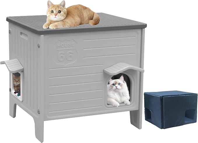 Insulated Cat House Outdoor Weatherproof Plastic Cats Houses for Winter | with Escape Door Indoor Waterproof Feral/Pet Cat Shelter Outside for Puppy, Rabbit (Grey)