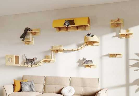 16-in-1 Cat Wall Shelves, Cat Furniture w/Tunnel & Bridge, Beige | Wall Mounted Cats Shelf Set with Plush Fabric, Cat Climbing Wall Systems for 16 Inch Drywall, with Scratching Posts, Condos