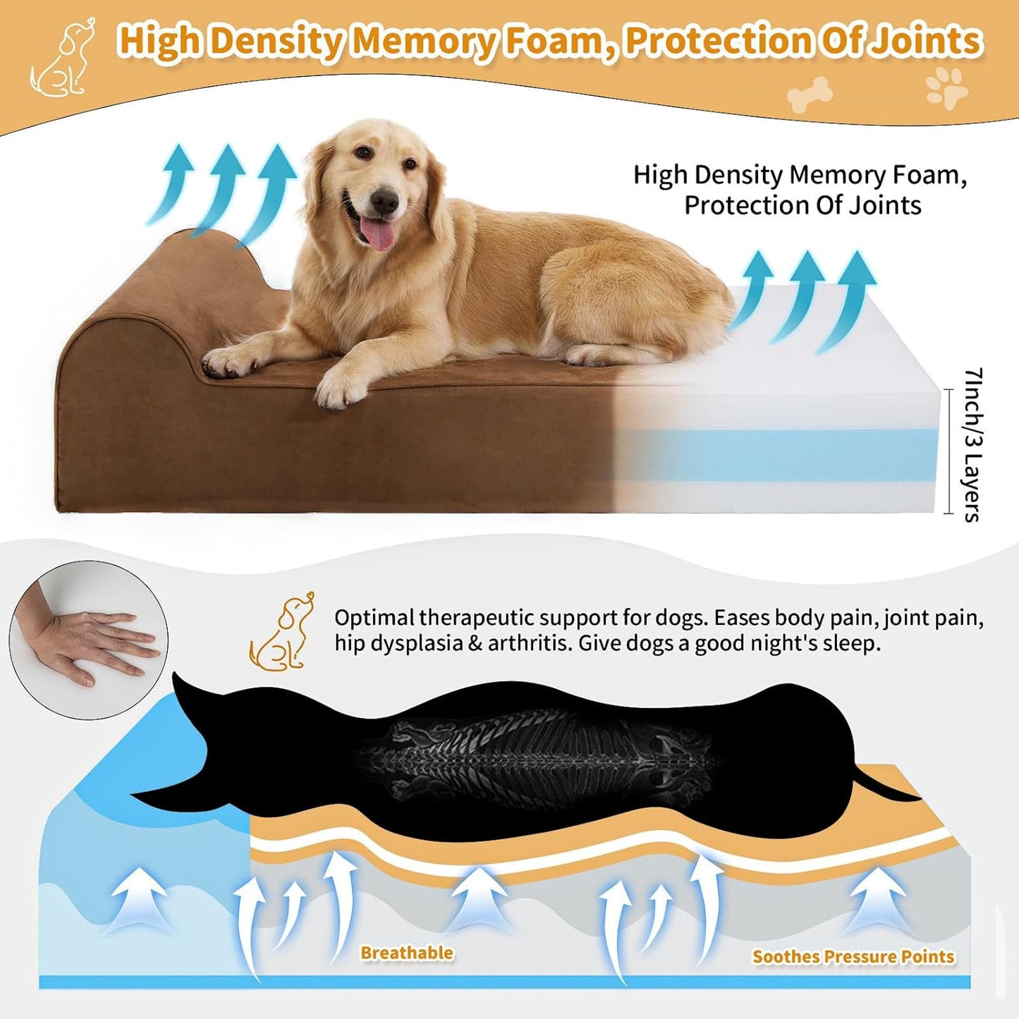 Large Orthopedic Dog Bed, 7" Memory Foam with Waterproof Liner, Chew Resistant Microsuede Cover, Removable and Washable, for Indoor, Outdoor, and Car Use, Nonskid Base, 60"x48" XXL Brown