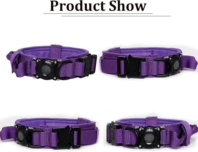 Tactical Dog Collar and Leash Set with Airtag Holder Waterproof Dog Airtag Collar with Handle Adjustable Heavy Duty Dog Collar Leash Set(DeepPurple，M