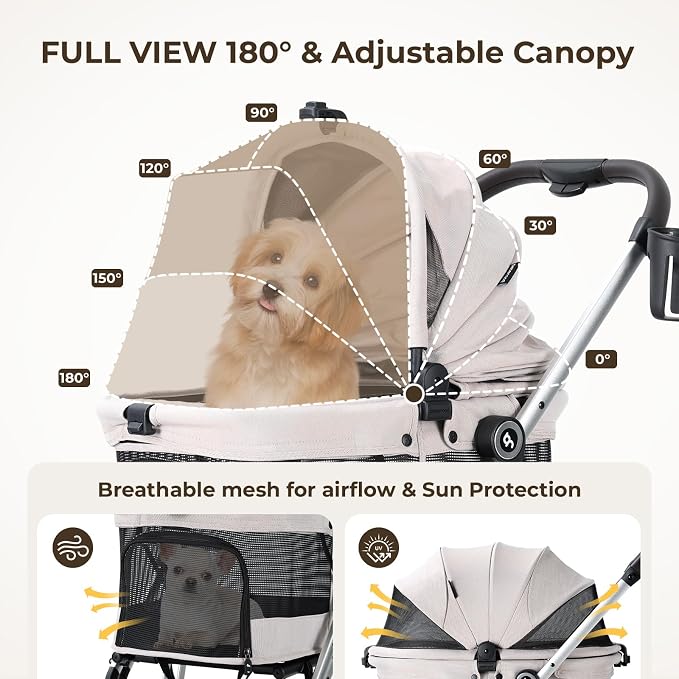 T4 PRO Pet Stroller for Small Medium Dogs, Cat Strollers for 2 Cats, 4 Wheels Folding Pet Stroller for Cats with Pad, Canopy and Cup Holder, Beige