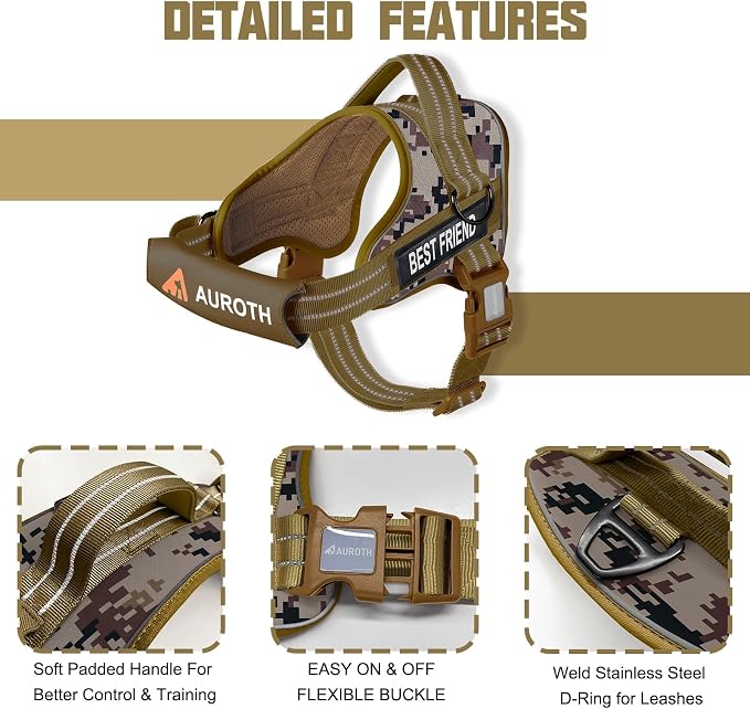 AUROTH Dog Harness and Leash Set Small Sized Dog, No Pull Escape Proof Vest | with Leash Clips, LED light clip, Breathable Mesh Padded No Choke, Easy Walking and Training, Desert Camo, Small