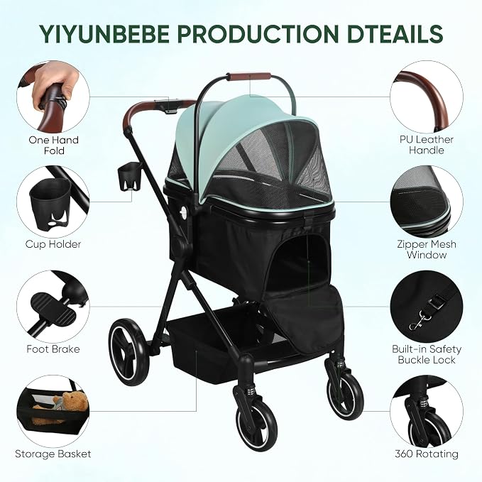 3-in-1 Foldable Pet Stroller for Dogs & Cats, 33lbs | All-terrain 7"/10" wheels | Compact storage | Storage basket | Breathable linen | Cup holder & rear brakes