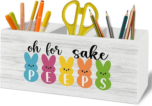Easter Bunny Decor, Bunny Rabbit Gifts, Bunny Easter Gifts for Women, Funny Pen Pencil Holder Organizer for Desk Accessories, Wooden Box Sign Desk Decor for Home Office Decoration