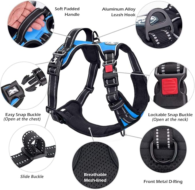 PoyPet No Pull Dog Harness Large with Front Clip & Neck Release Buckle | No Choke, Adjustable Vest, Reflective, Back Clip, Lockable, Soft Padded, Easy Control Handle for Walking Training, L, Blue