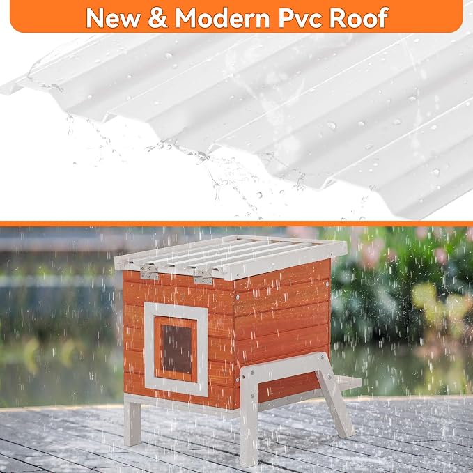 PETSFIT Outdoor Cat House Insulated - Thicken High Feet, Expanded Feeding Station, Weatherproof Durable Roof, Outside Cat House, Bunny Rabbit Hutch, Orange