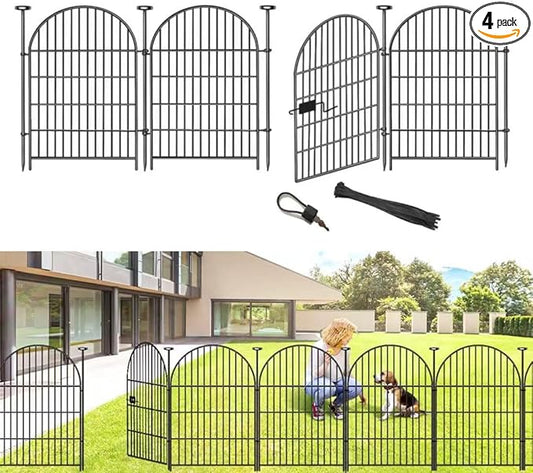 Adavin Tall Garden Fence Animal Barrier with Gate, 40 in(H)×8.8ft(L) 4 Panels No Dig Fence for Dogs, Rustproof Metal Wire Temporary Fences for Dogs Rabbits, Black Garden Fencing for Yard Lawn Patio