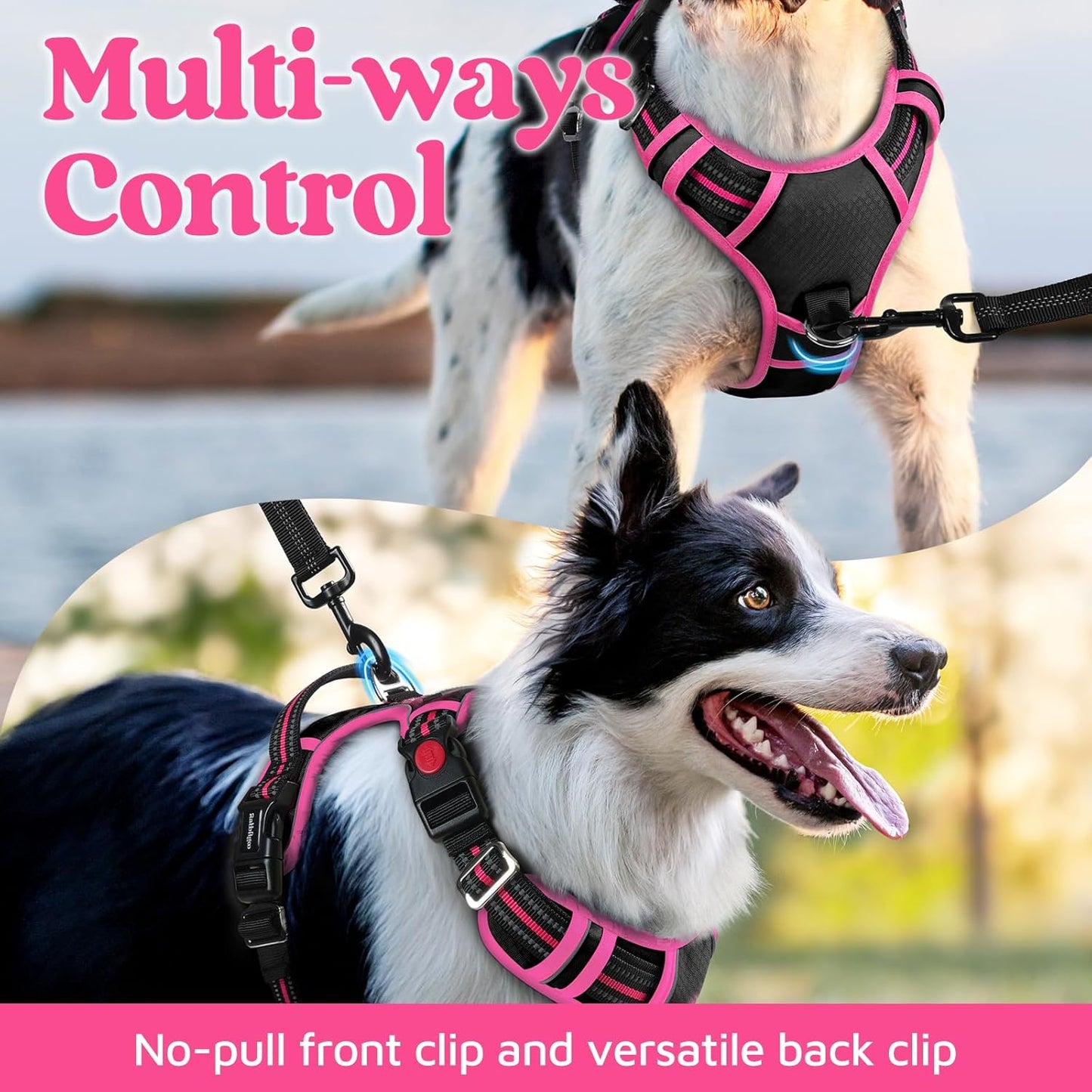 rabbitgoo Dog Harness for Large Dogs, No Pull Pet Vest with 3 Buckles, Adjustable Soft Padded Pet Harness with Easy Control Handle and Reflective Strips, Black & Rose Pink, XL