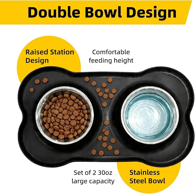 Double Stainless Steel Dog Bowls with Non-Slip Silicone Mat, Extra Small Puppy Food and Water Bowl Set, Spill Proof & Dishwasher Safe Pet Feeding Bowls for Small Dogs and Cats Under 8 lbs,BL (Black)