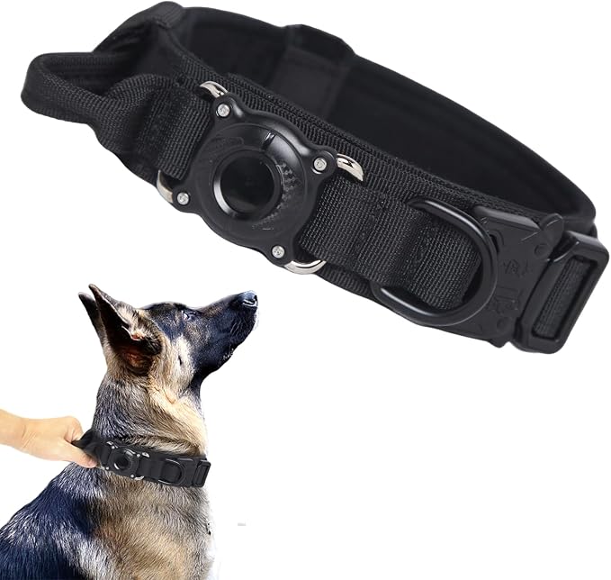AirTag Dog Collar for Large Dogs Tactical Dog Collar with AirTag Holder | Upgrade Waterproof,Adjustable,Control Handle,Quick-Release Metal Buckle,1000D Nylon Fabric,Soft-Padde,Velcro Patch(Black,XL)