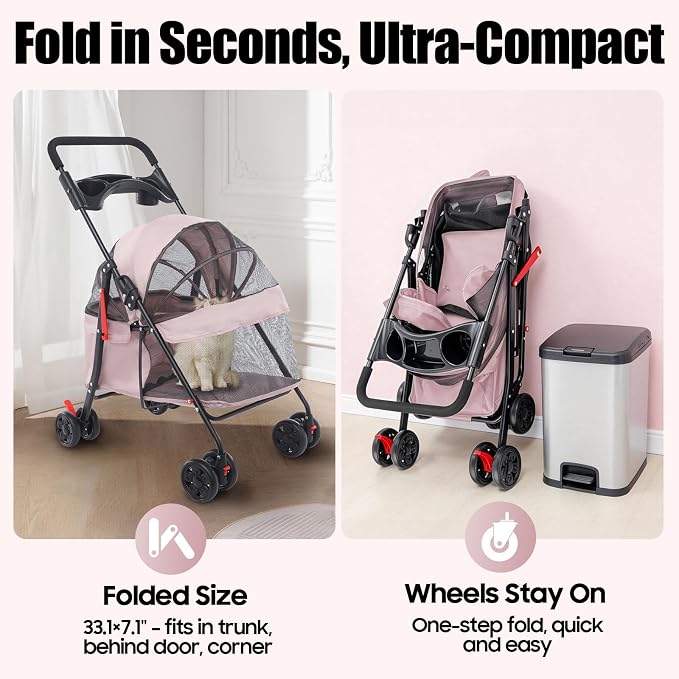 Pet Stroller for Small Medium Dogs Cats, Lightweight Foldable Pet Wagon with 360° Front Wheels & Brake, 40 lbs Capacity Carrier for Park Travel Shopping, Breathable Mesh Basket (Pale Pinkish Grey)