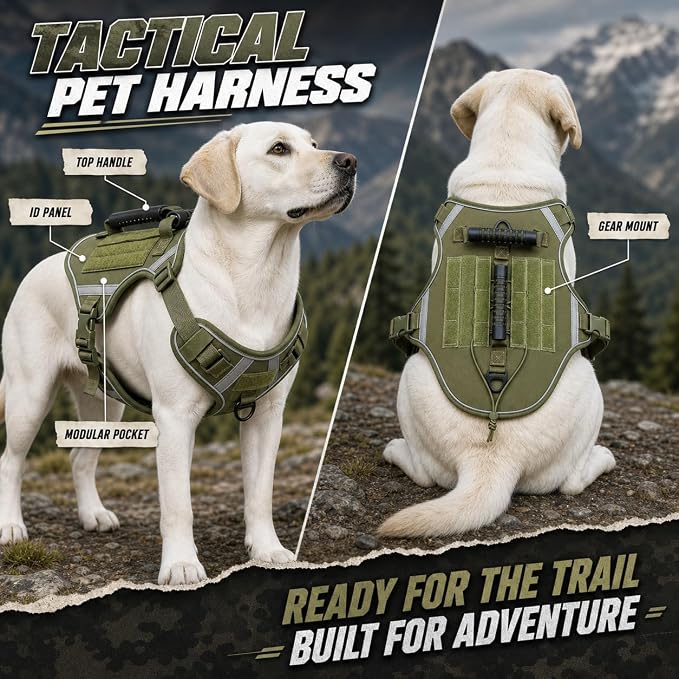Tactical Dog Harness for Large Dogs, Heavy Duty No Pull Dog Harness with Handle,Adjustable Reflective Service Dog Vest for Walking Hiking Training Army Green L