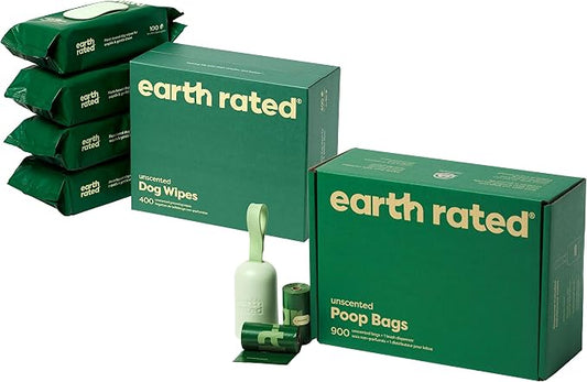 Earth Rated Dog Poop Bag Refill Rolls and Grooming Wipes Bundle, Includes Includes 1 Poop Bag Dispenser, 900 Leak Proof and Extra Thick Waste Bags and 400 Plant Based Grooming Wipes, Unscented