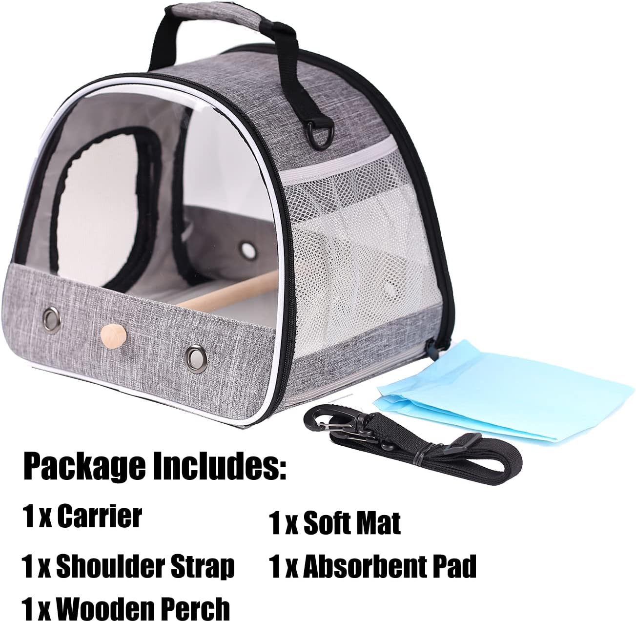 Small Bird Travel Carrier, Portable Bird Travel Cage for Parakeet, Parrot, Budgie, Guinea Pig, Bearded Dragon Reptile Carrier for Hiking Vet Visit Bicycle Ride (Grey)